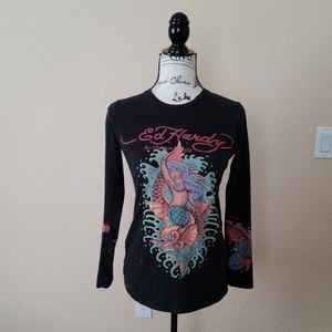 Ed Hardy Mermaid Koi Fish Long Sleeve T-Shirt, Size Large BUT FITS LIKE A SMALL